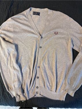 Fred Perry Light Gray V-Neck Button Cardigan with Maroon Laurel Emblem